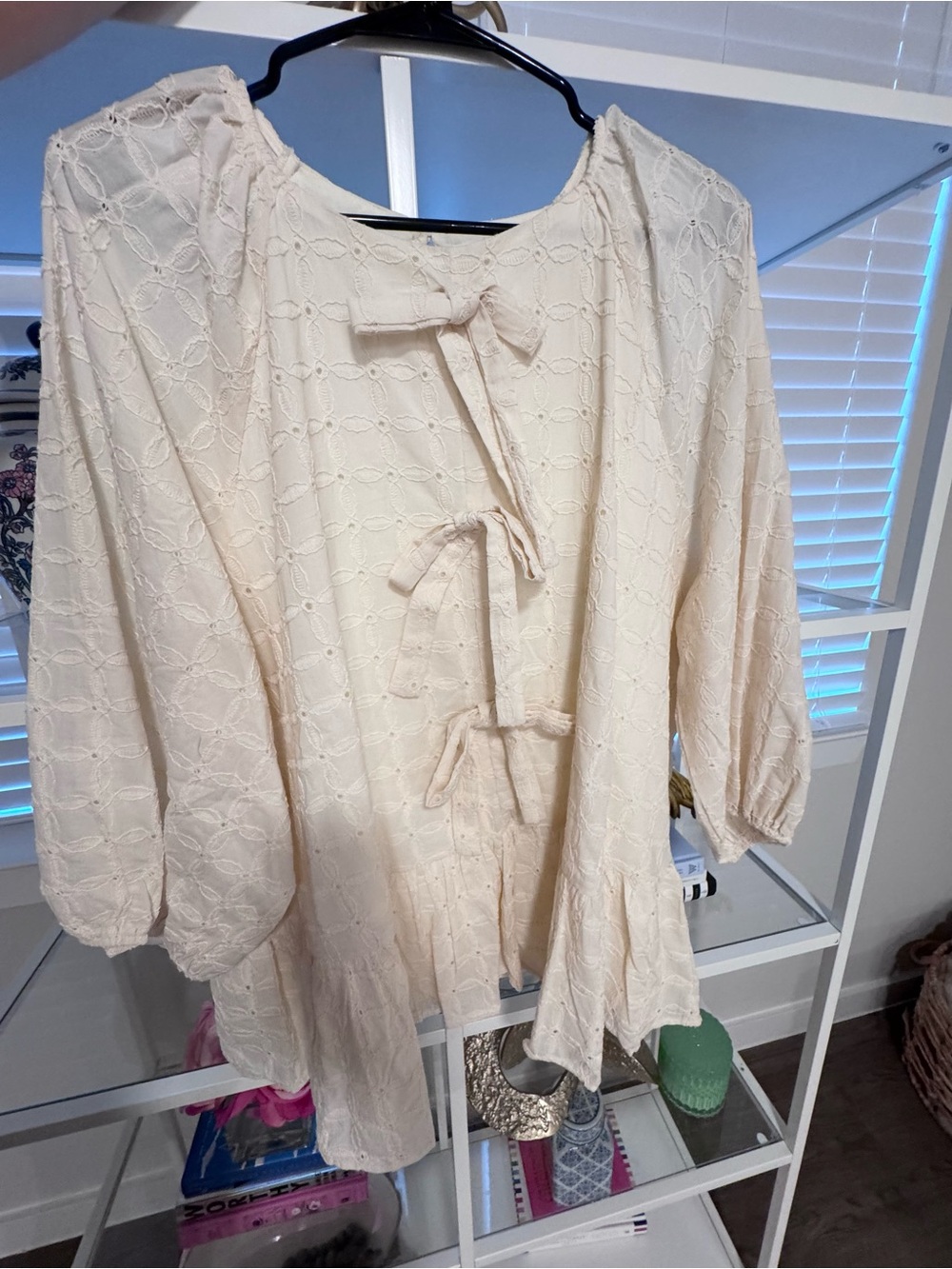 Impressions Cream Eyelet Tie-Front Peasant Blouse